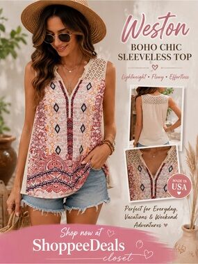 Weston Sleeveless Boho Crochet Lace Mixed Print Top – Women’s Medium